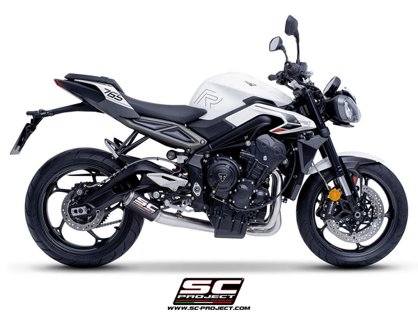 Triumph Street Triple 765 R - RS with SC-Project 3-1 Stainless steel full exhaust system, with CR-T carbon exhaust with stoneguard grid, side view