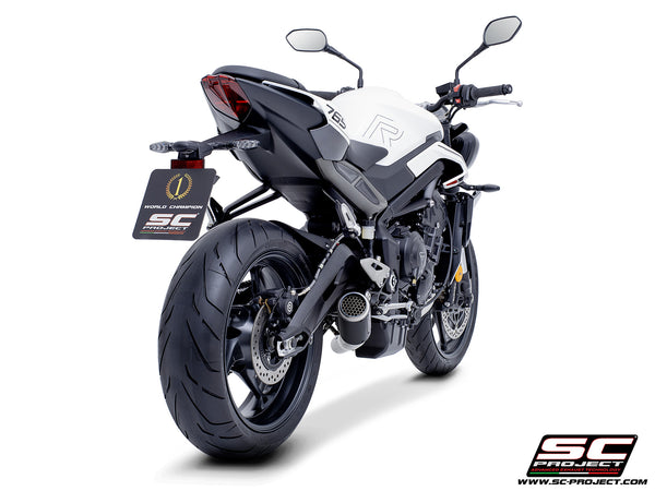 Triumph Street Triple 765 R - RS with SC-Project 3-1 Stainless steel full exhaust system, with CR-T carbon exhaust with stoneguard grid, rear view