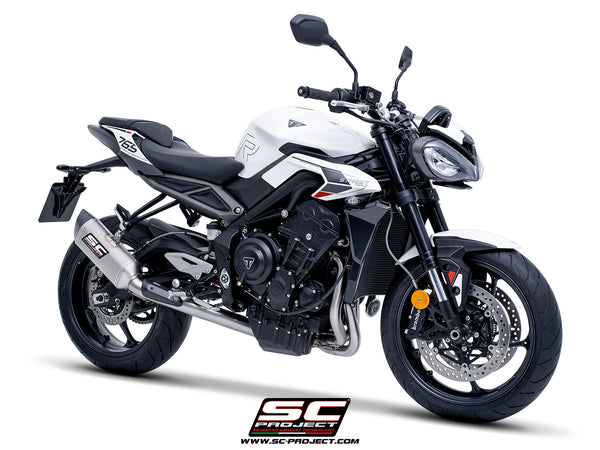 Triumph Street Triple 765 R - RS with SC-Project 3-1 Stainless steel full exhaust system, with SC1-S titanium exhaust, 3/4 front view