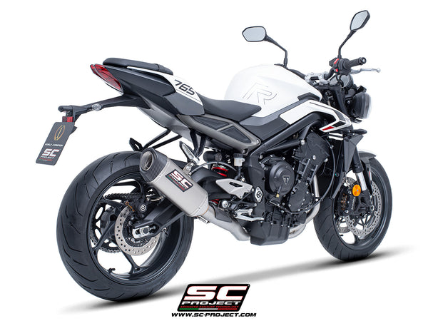 Triumph Street Triple 765 R - RS with SC-Project 3-1 Stainless steel full exhaust system, with SC1-S titanium exhaust, 3/4 rear view