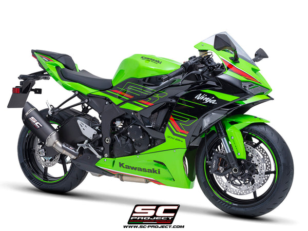Kawasaki ZX-6R 2024 with SC-Project SC1-R carbon exhaust, 3/4 front view