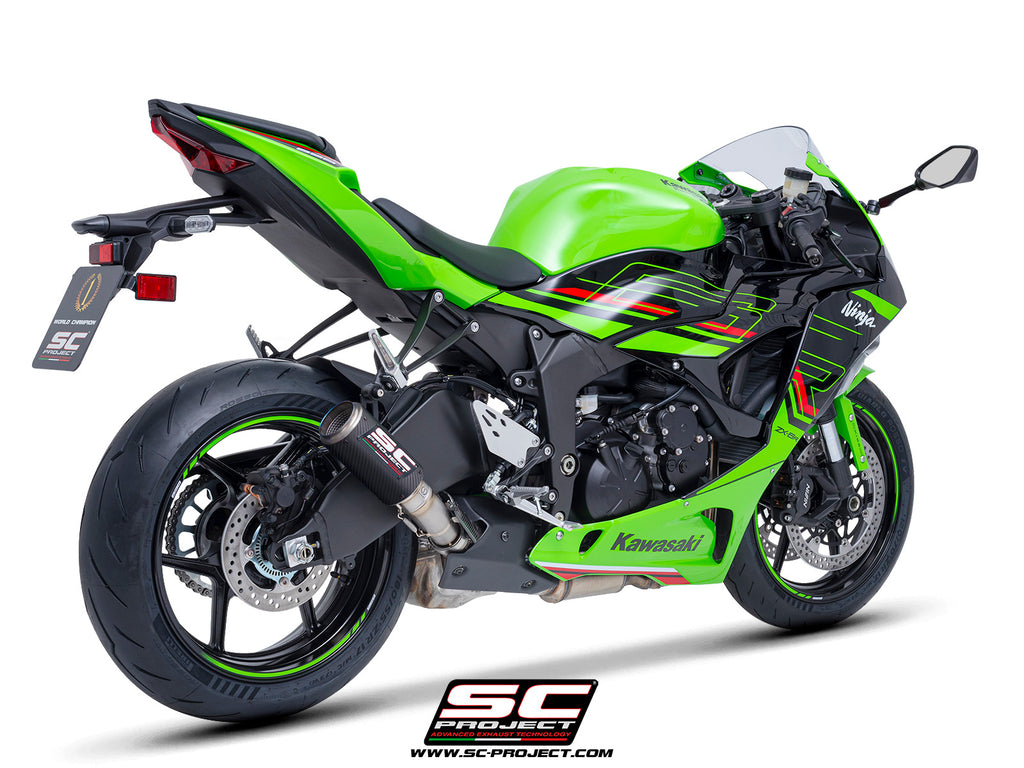 Kawasaki ZX-6R 2024 with SC-Project CR-T carbon exhaust, 3/4 rear view