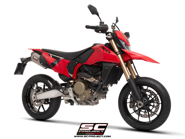 Ducati Hypermotard 698 MONO (2024) with SC-Project SC1-S titanium exhaust, 3/4 front view