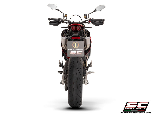 Ducati Hypermotard 698 MONO (2024) with SC-Project S1 titanium exhaust, with stoneguard grid, back view