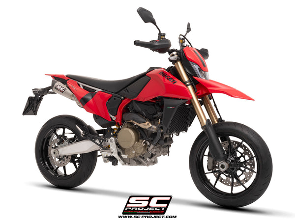 Ducati Hypermotard 698 MONO (2024) with SC-Project S1 titanium exhaust, with stoneguard grid, 3/4 front view