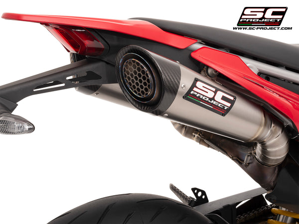 Ducati Hypermotard 698 MONO (2024) with SC-Project S1 titanium exhaust, with stoneguard grid, detail view