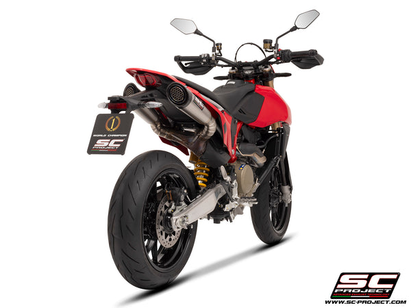 Ducati Hypermotard 698 MONO (2024) with SC-Project S1 titanium exhaust, with stoneguard grid, rear view