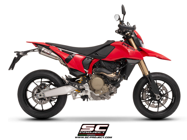 Ducati Hypermotard 698 MONO (2024) with SC-Project S1 titanium exhaust, with stoneguard grid, side view