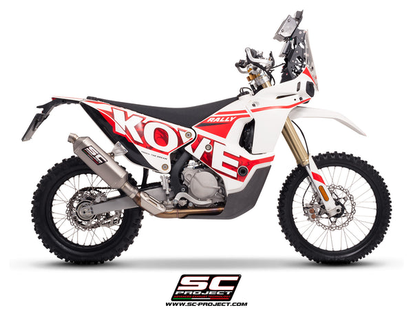 Kove 450 Rally with SC-Project Rally Raid titanium exhaust, side view