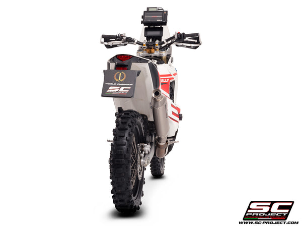 Kove 450 Rally with SC-Project Rally Raid titanium exhaust, back view
