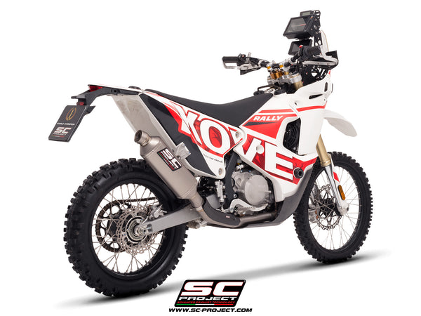 Kove 450 Rally with SC-Project decat with Rally Raid titanium exhaust, 3/4 rear view