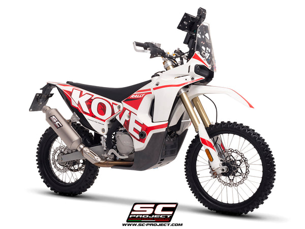 Kove 450 Rally with SC-Project Rally-X GT titanium exhaust, 3/4 front view