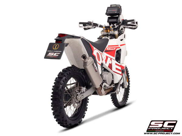 Kove 450 Rally with SC-Project Rally-X GT titanium exhaust, rear view