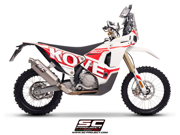 Kove 450 Rally with SC-Project Rally-X GT titanium exhaust, side view