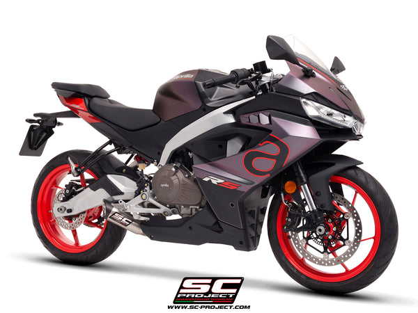 Aprilia RS 457 with SC-Project S1 stainless steel exhaust, 3/4 front view
