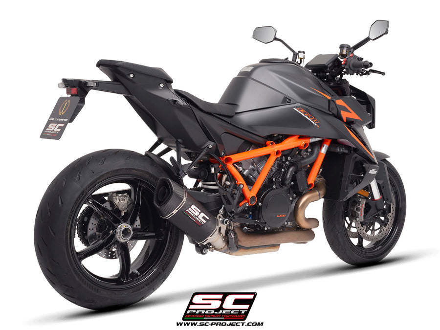 KTM 1390 Super Duke R (2024) with SC-Project SC1-R carbon exhaust, 3/4 rear view
