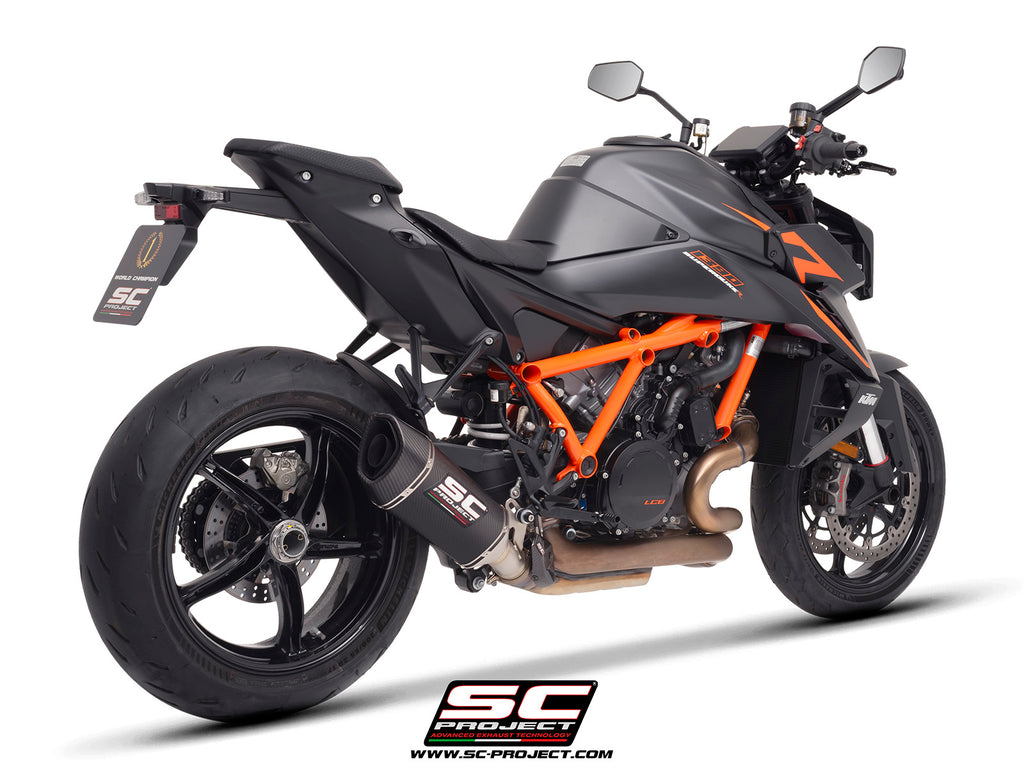 KTM 1390 Super Duke R (2024) with SC-Project SC1-R carbon exhaust, 3/4 rear view
