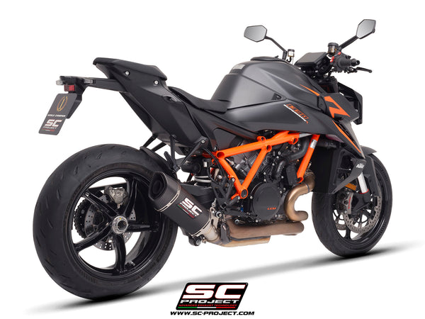 KTM 1390 Super Duke R (2024) with SC-Project SC1-R carbon exhaust, 3/4 rear view