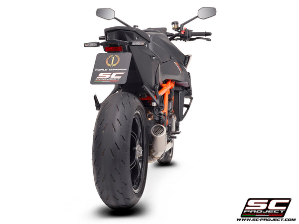 KTM 1390 Super Duke R (2024) with SC-Project CR-T titanium exhaust, with stoneguard grid, back view