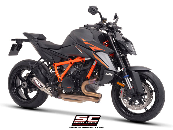 KTM 1390 Super Duke R (2024) with SC-Project CR-T titanium exhaust, with stoneguard grid, 3/4 front view