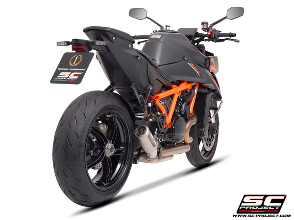 KTM 1390 Super Duke R (2024) with SC-Project CR-T titanium exhaust, with stoneguard grid, rear view