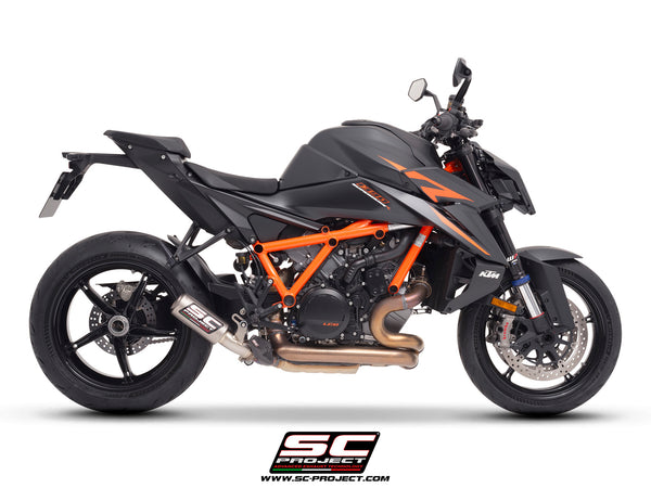 KTM 1390 Super Duke R (2024) with SC-Project CR-T titanium exhaust, with stoneguard grid, side view