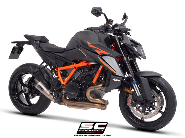 KTM 1390 Super Duke R (2024) with SC-Project S1 titanium exhaust, 3/4 front view