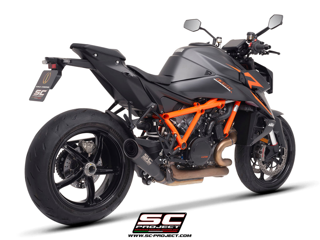 KTM 1390 Super Duke R (2024) with SC-Project S1 titanium matt black exhaust, 3/4 rear view