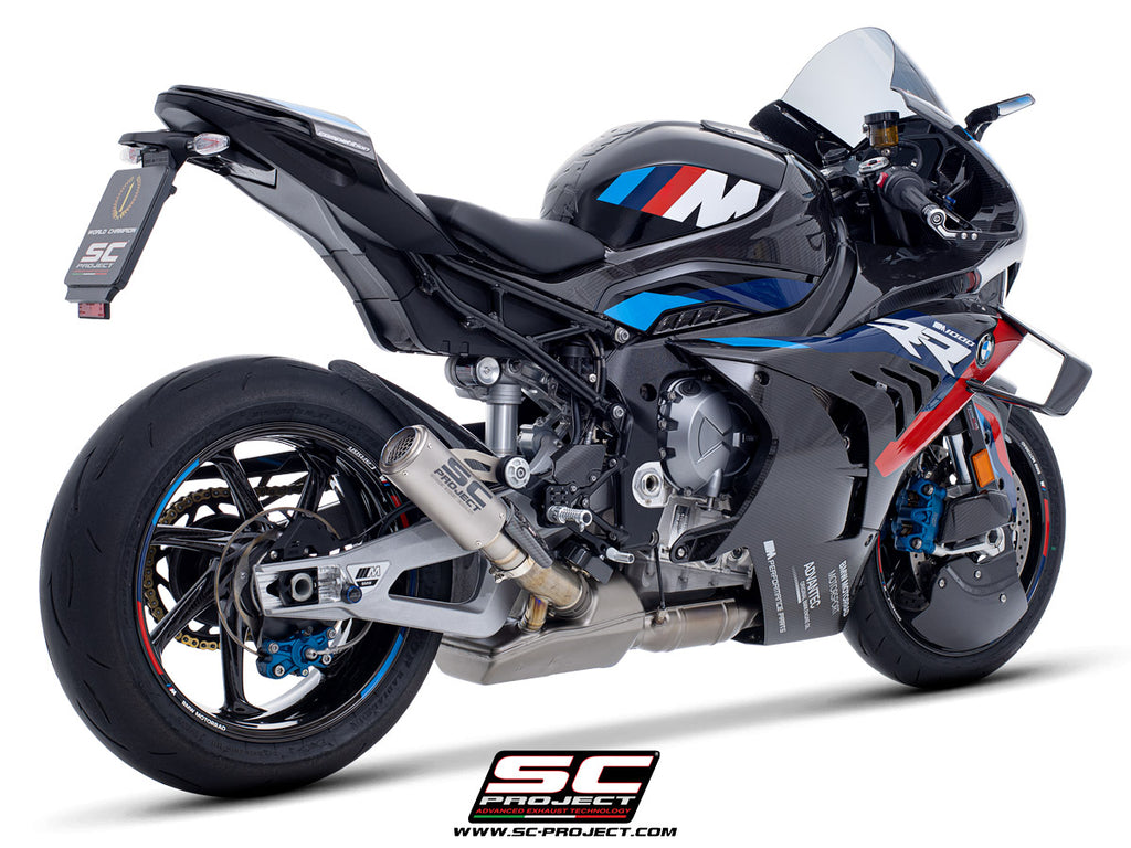 BMW M 1000 RR with SC-Project CR-T titanium exhaust, with stoneguard grid, 3/4 rear view