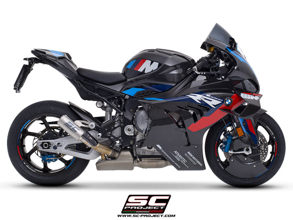 BMW M 1000 RR with SC-Project CR-T titanium exhaust, with stoneguard grid, side view