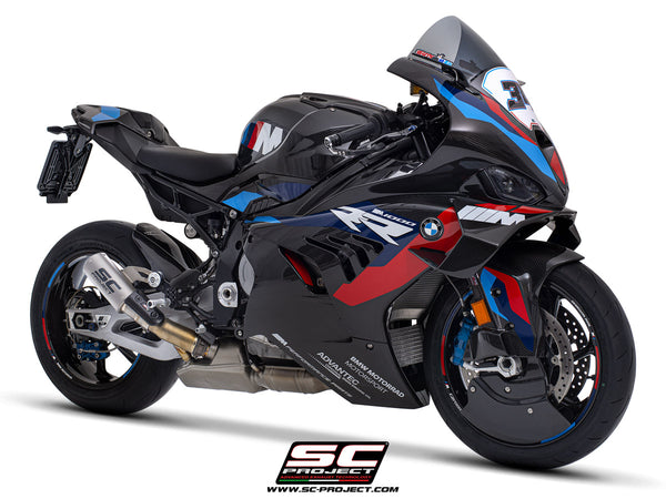 BMW M 1000 RR with SC-Project CR-T titanium exhaust, with stoneguard grid, 3/4 front view