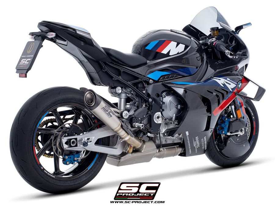 BMW M 1000 RR with SC-Project S1 titanium exhaust, 3/4 rear view