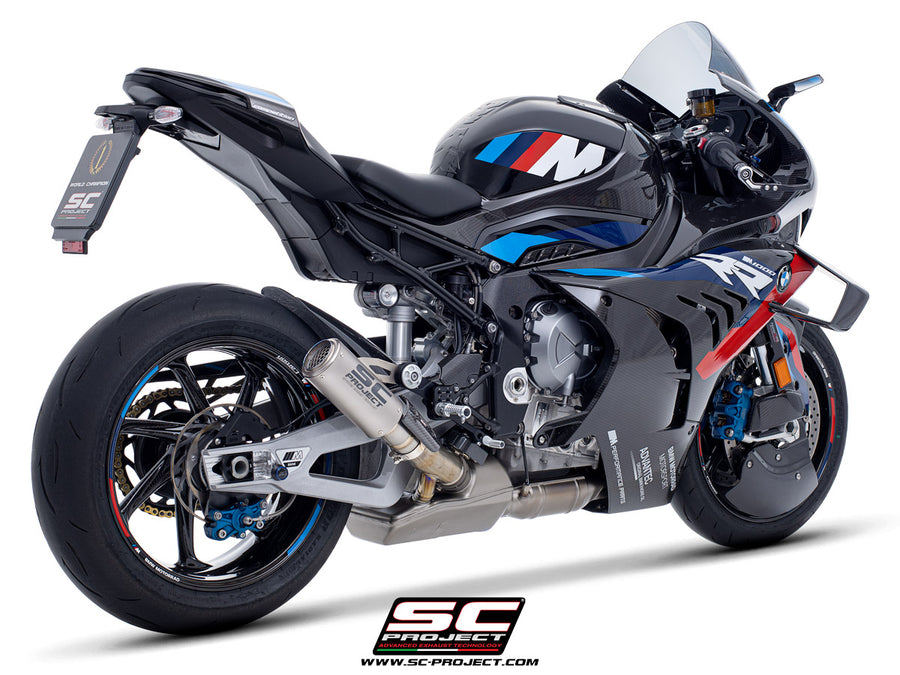 BMW M 1000 RR with SC-Project CR-T titanium exhaust, 3/4 rear view