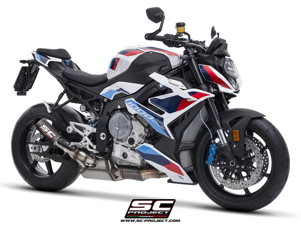 BMW M 1000 R with SC-Project CR-T carbon exhaust, with stoneguard grid, 3/4 front view
