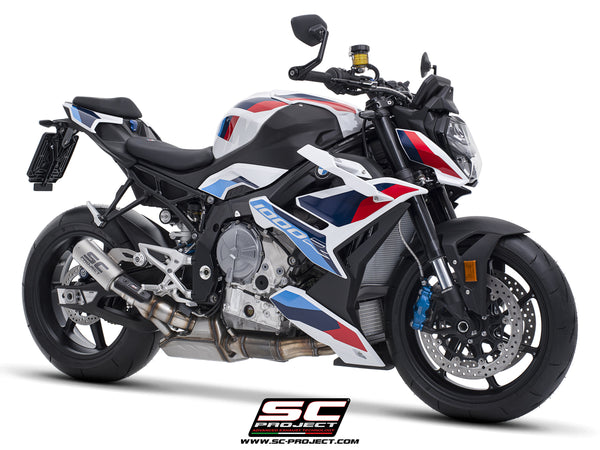 BMW M 1000 R with SC-Project CR-T titanium exhaust, with stoneguard grid, 3/4 front view
