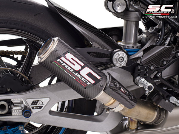 BMW M 1000 RR with SC-Project CR-T carbon exhaust, with stoneguard grid, detail view
