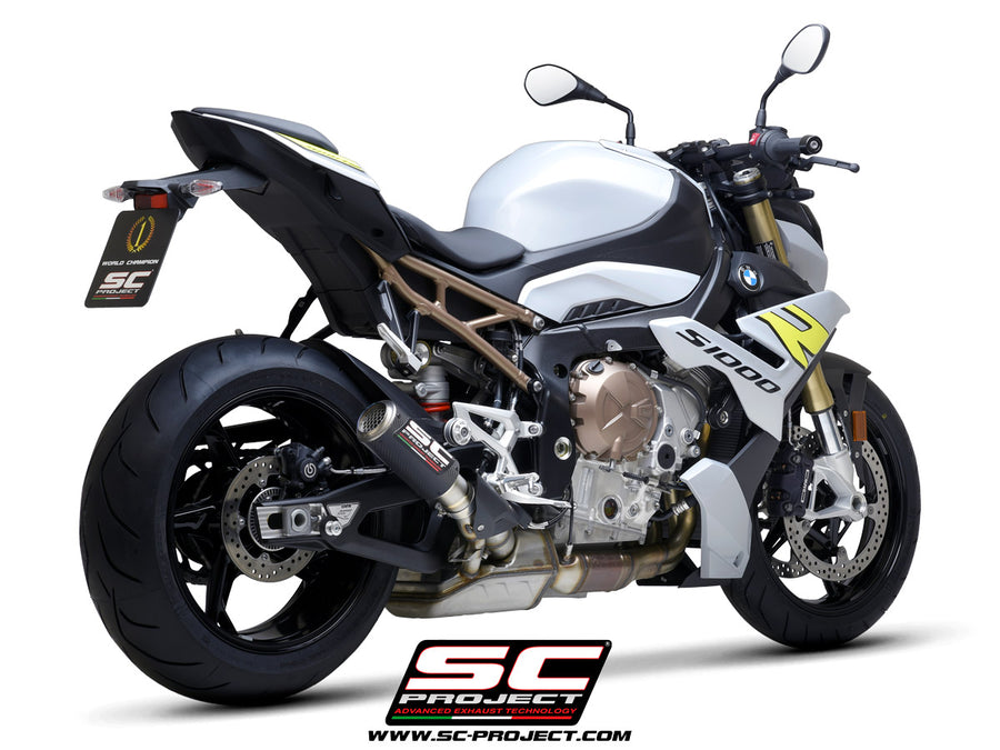 BMW S 1000 R with SC-Project CR-T carbon exhaust, with stoneguard grid, 3/4 rear view