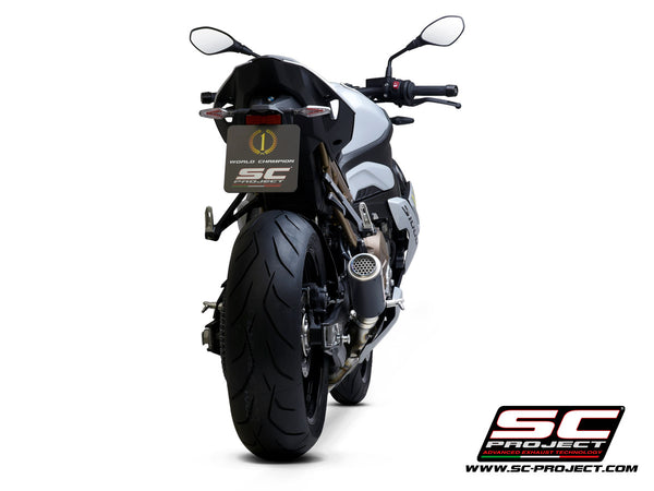 BMW S 1000 R with SC-Project CR-T carbon exhaust, with stoneguard grid, back view