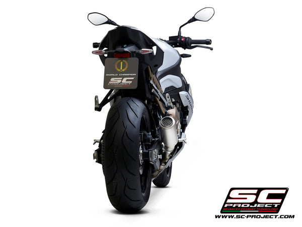 BMW S 1000 R with SC-Project CR-T titanium exhaust, with stoneguard grid, back view