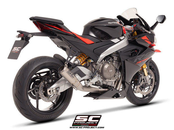 Aprilia RS 660 with SC-Project full exhaust system titanium, with CR-T titanium exhaust, 3/4 rear view
