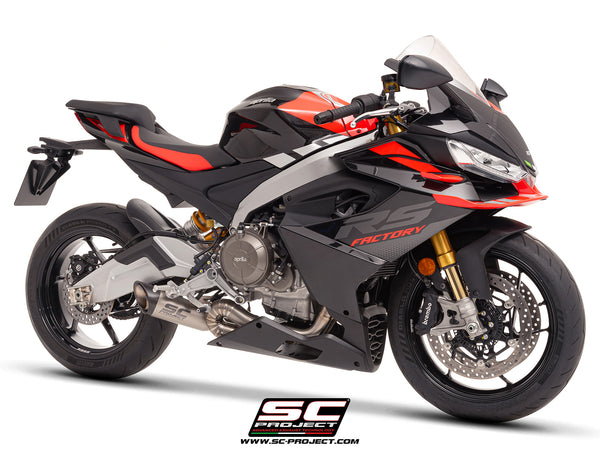 Aprilia RS 660 with SC-Project full exhaust system titanium, with S1 titanium exhaust, 3/4 front view