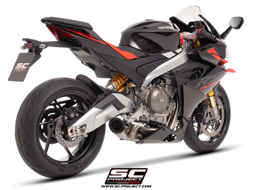 Aprilia RS 660 with SC-Project full exhaust system titanium, with S1 titanium exhaust, 3/4 rear view