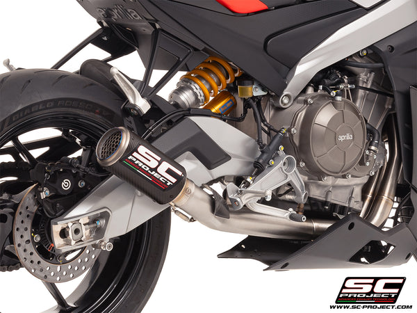 Aprilia RS 660 with SC-Project Stainless steel full exhaust system, with CR-T carbon exhaust, with stoneguard grid, detail view