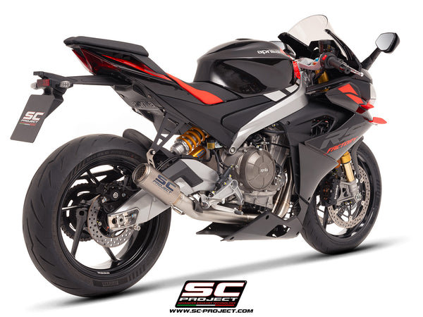 Aprilia RS 660 with SC-Project Stainless steel full exhaust system, with CR-T titanium exhaust, with stoneguard grid, 3/4 rear view