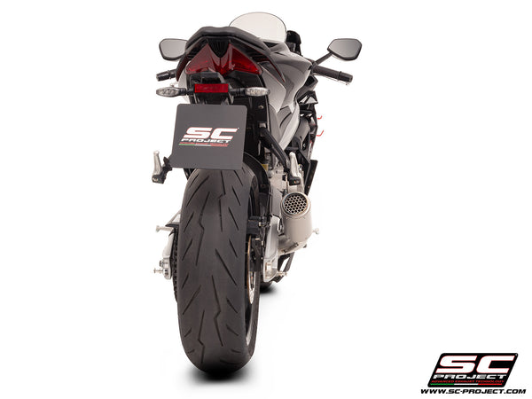 Aprilia RS 660 with SC-Project Stainless steel full exhaust system, with CR-T titanium exhaust, with stoneguard grid, back view