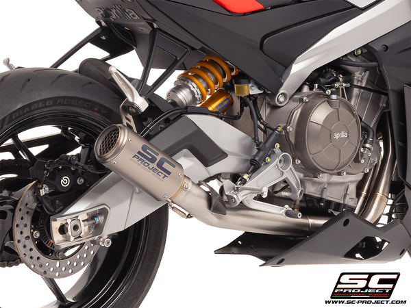 Aprilia RS 660 with SC-Project Stainless steel full exhaust system, with CR-T titanium exhaust, with stoneguard grid, detail view
