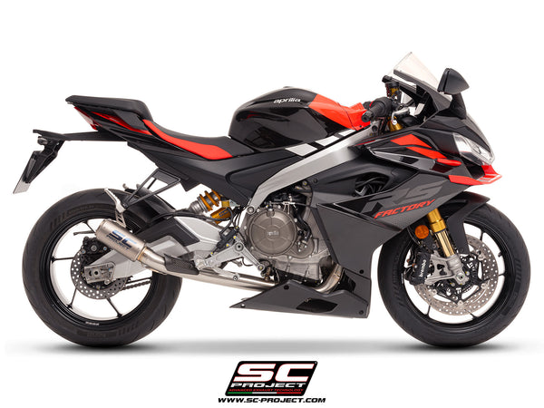 Aprilia RS 660 with SC-Project Stainless steel full exhaust system, with CR-T titanium exhaust, with stoneguard grid, side view