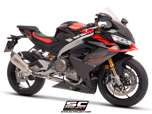 Aprilia RS 660 with SC-Project Stainless steel full exhaust system, with SC1-R titanium exhaust, 3/4 front view