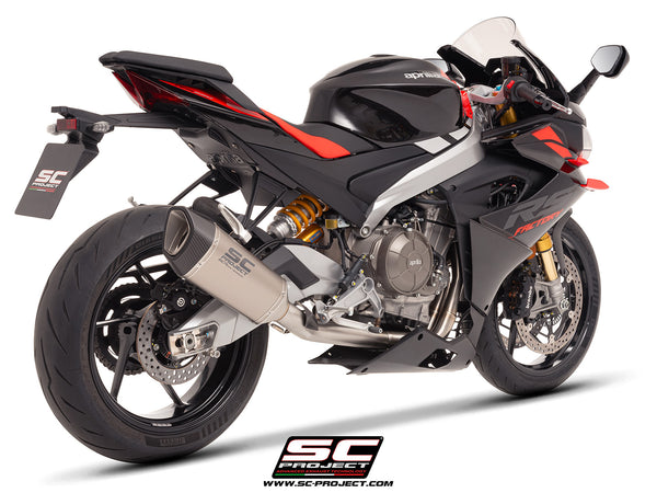 Aprilia RS 660 with SC-Project Stainless steel full exhaust system, with SC1-R titanium exhaust, 3/4 rear view
