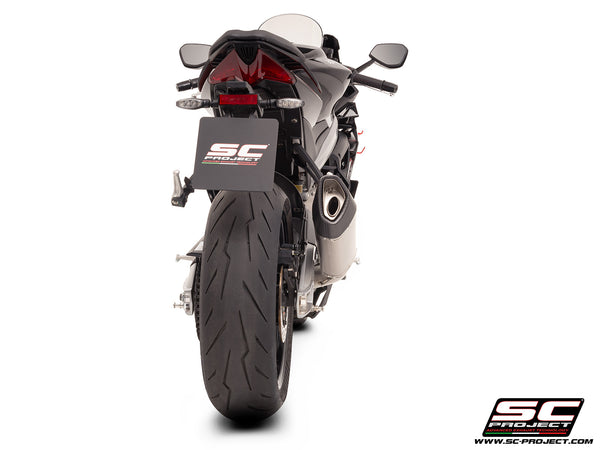 Aprilia RS 660 with SC-Project Stainless steel full exhaust system, with SC1-R titanium exhaust, back view